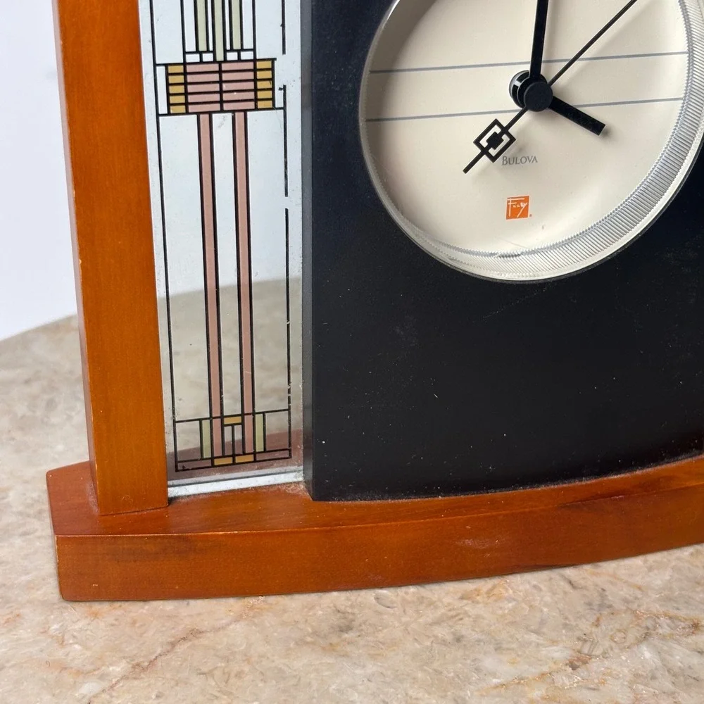 Bulova Frank Lloyd Wright Exhibition Table Clock Brown Wood Glass Mission FLAW